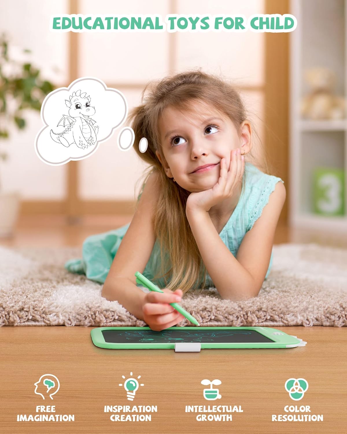 LCD Writing Tablet Dinosaur Toy for Kids,10 inch Doodle Board Drawing Pad Tablet with Lock Function, Erasable, Portable, Educational Learning Toy Gifts for 3 4 5 6 Years Old Boys Girls (Green)