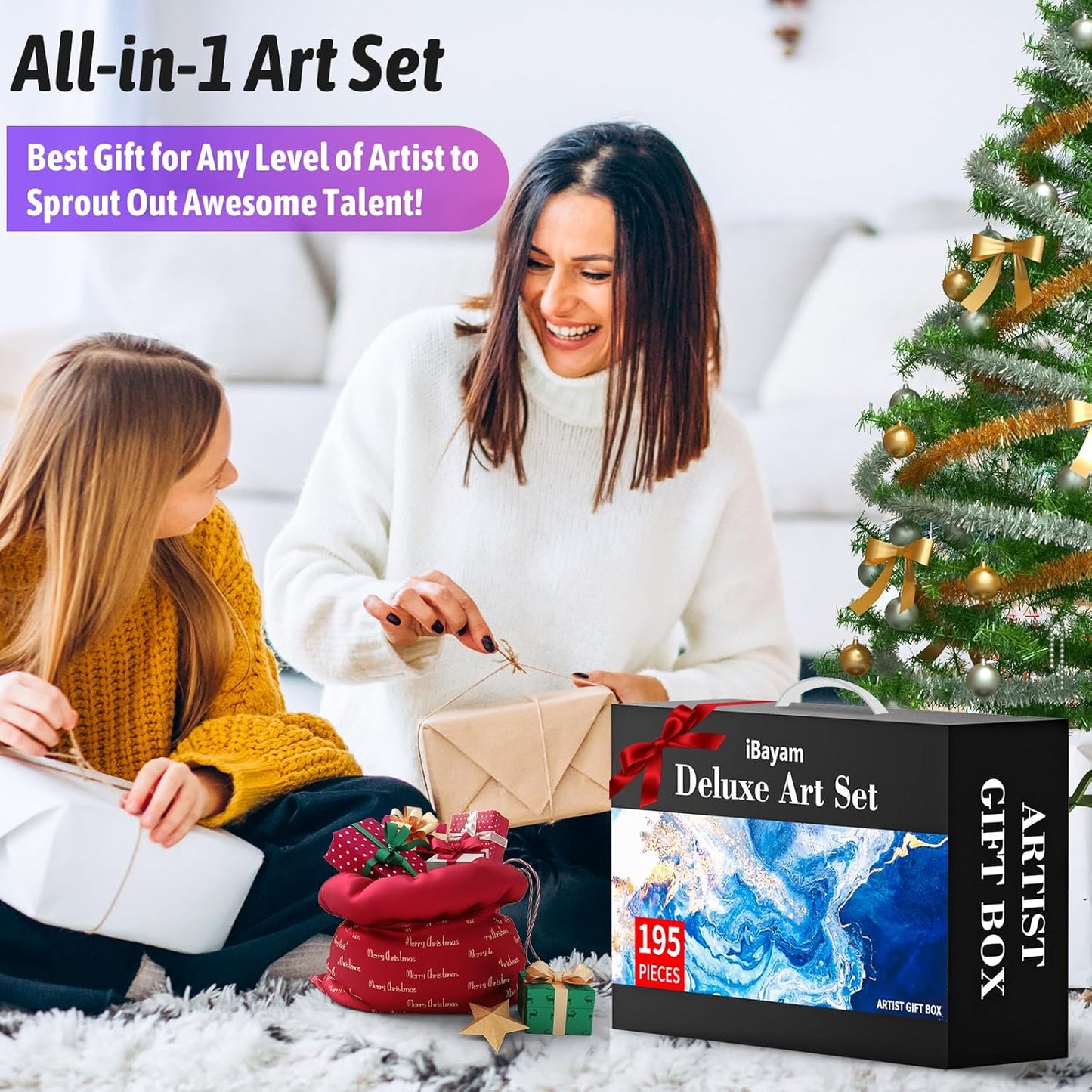 iBayam Arts and Crafts Kits for Kids Teens Girls Boys Adult, 195-Pack Deluxe Art Set Box with 3 PCS Drawing Pads, Canvases, Acrylic Painting, Drawing & Art Supplies for Pumpkin, Halloween, Christmas