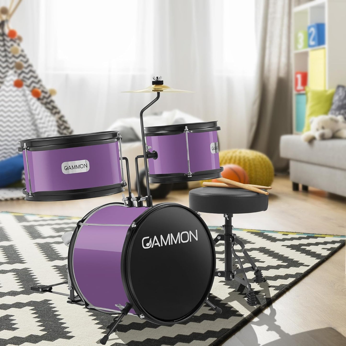 Gammon 3-Piece Junior Drum Set with Throne - Purple, Complete Beginner Kit with Bass Drum, Toms, Cymbal, Pedal, and Drumsticks