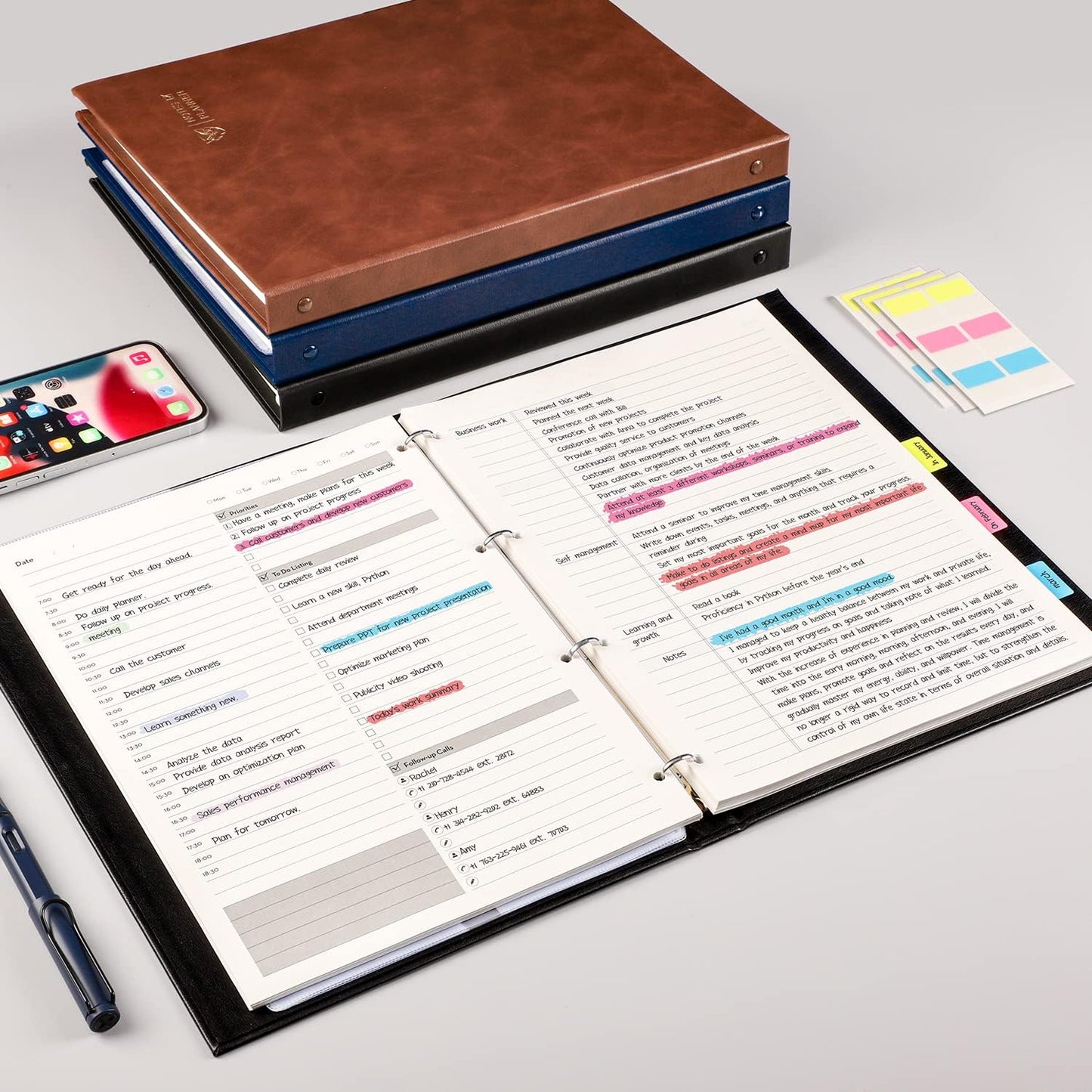 EMSHOI Undated Daily Planner 8.5" X 11", A4 to Do List Notepad, 240 Pages Ring Binder Planner Hardcover Leather Notebook for Work Business Meeting, with Yearly Schedule, Habit Tracker, Blue