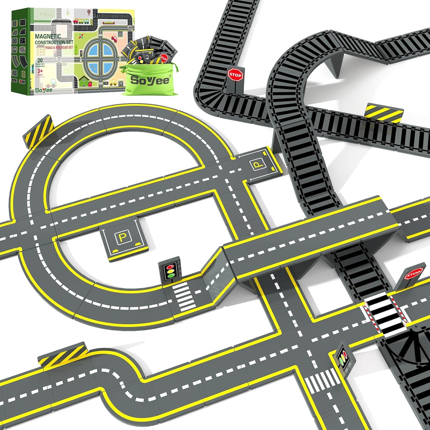 Magnetic Tiles Road & Train Track Expansion Pack Magnetic Building Blocks Construction Kids Toys for Ages 3-12 Boys Girls Building Toys Includes Road Tracks, Traffic Lights, Parking Spot