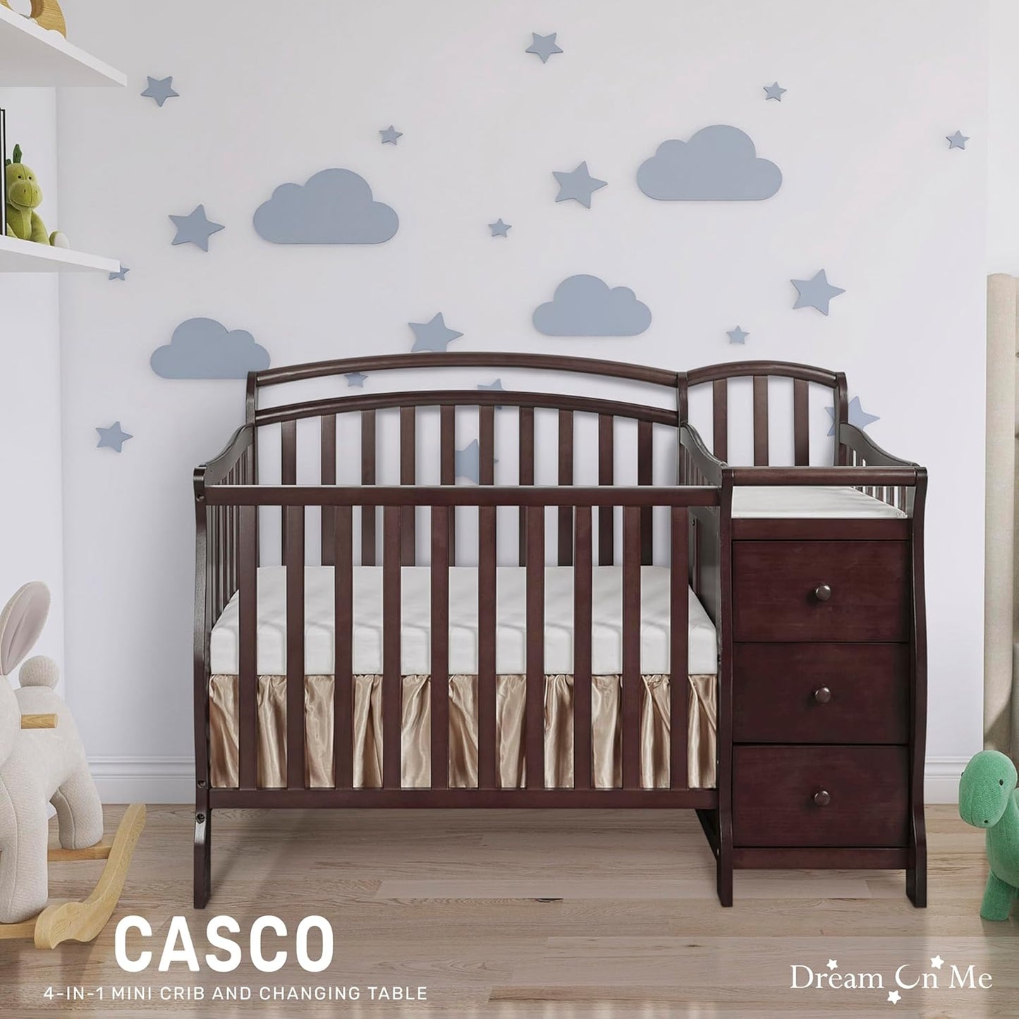 Dream On Me Casco 3-in-1 Mini Convertible Baby Crib & Changer with Storage in Espresso, Pinewood, GreenGuard Gold & JPMA, 1” Mattress Pad, 3 Mattress Heights, Converts to Mini Day & Twin-Size Bed
