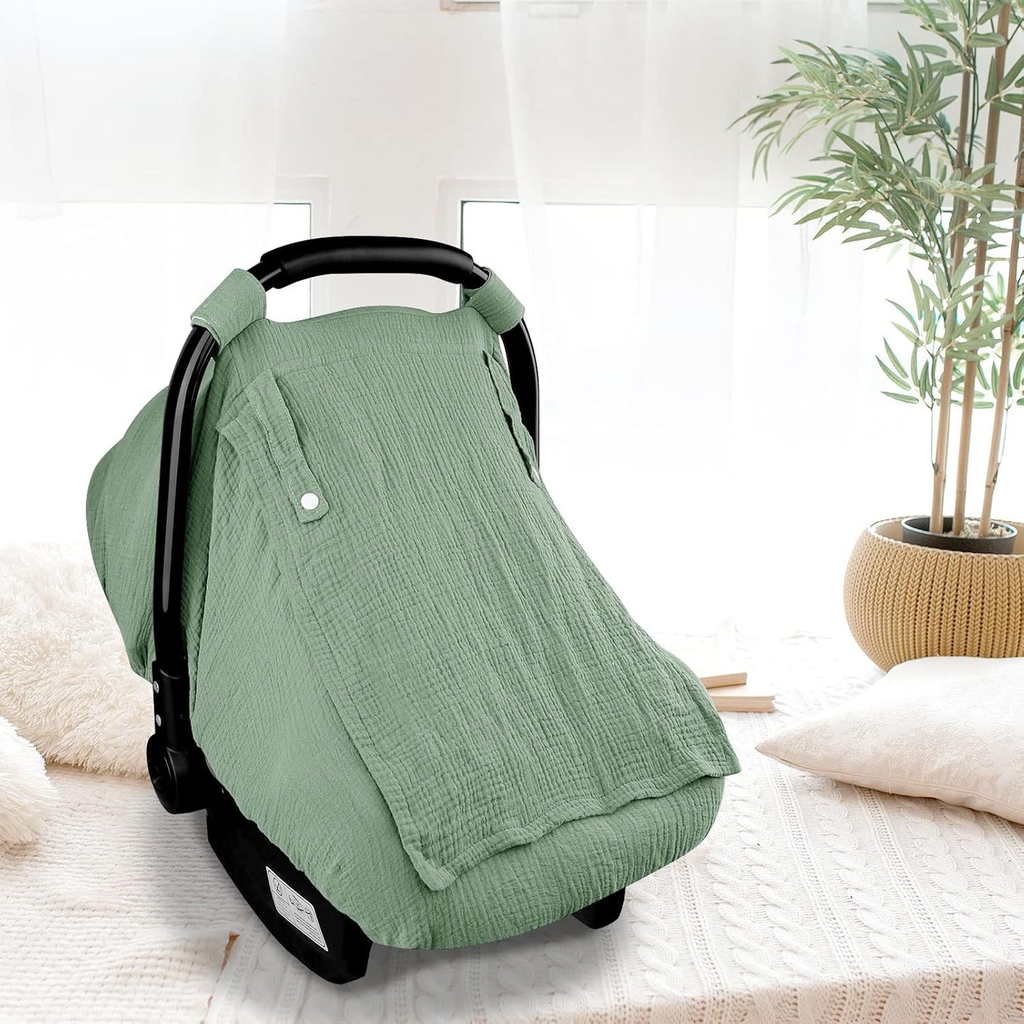 Hooyax Muslin Car Seat Covers for Babies, Summer Baby Car Seat Cover for Boys Girls with Breathable Window, Lightweight Infant Car Seat Canopy, Green