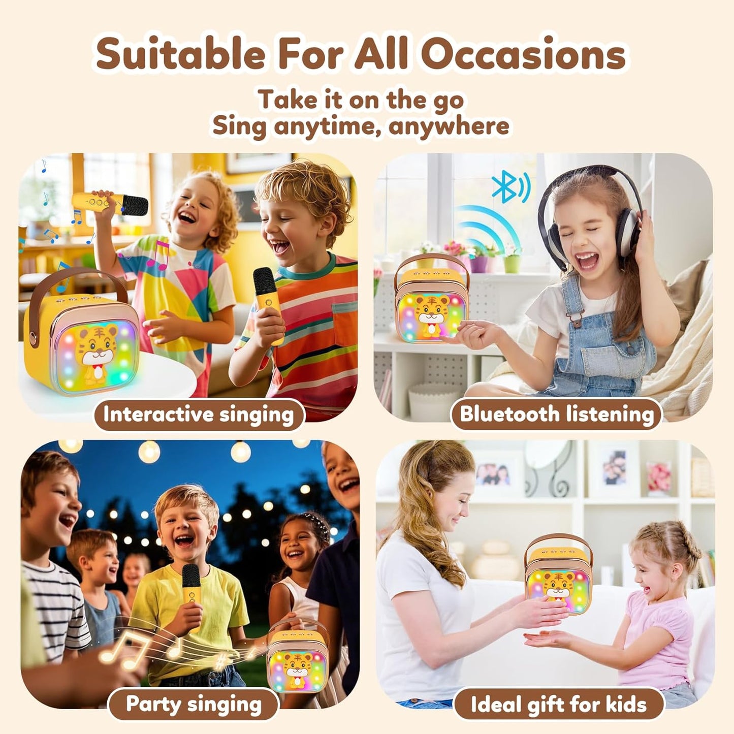 Karaoke Machine for Kids, Portable Mini Karaoke Machine with 2 Wireless Microphones, 4 5 6 7 8 9 10 Years Old Girl Boy Easter Christmas Birthday Gift Tiger Speaker Toys