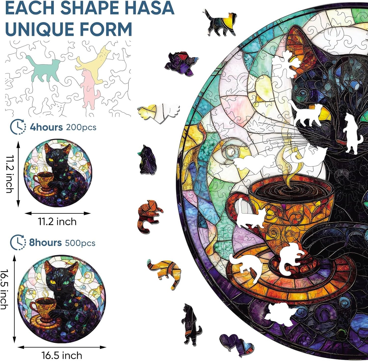 Wooden Puzzle for Adults, Black Cat Wooden Jigsaw Puzzles(16.5 * 16.5in-500pcs), Unique Animal Shape Wood Cut Puzzles Best Gift for Adults and Kids Family Game