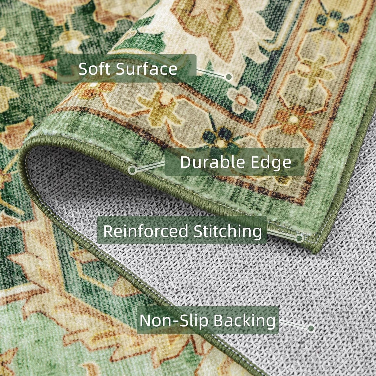 3x7 Runner Rugs for Hallway Non-Slip Hallway Runner Rug with Rubber Backing Washable Rug Runner for Kitchen Bedroom Vintage Distressed Carpet (Border Green)