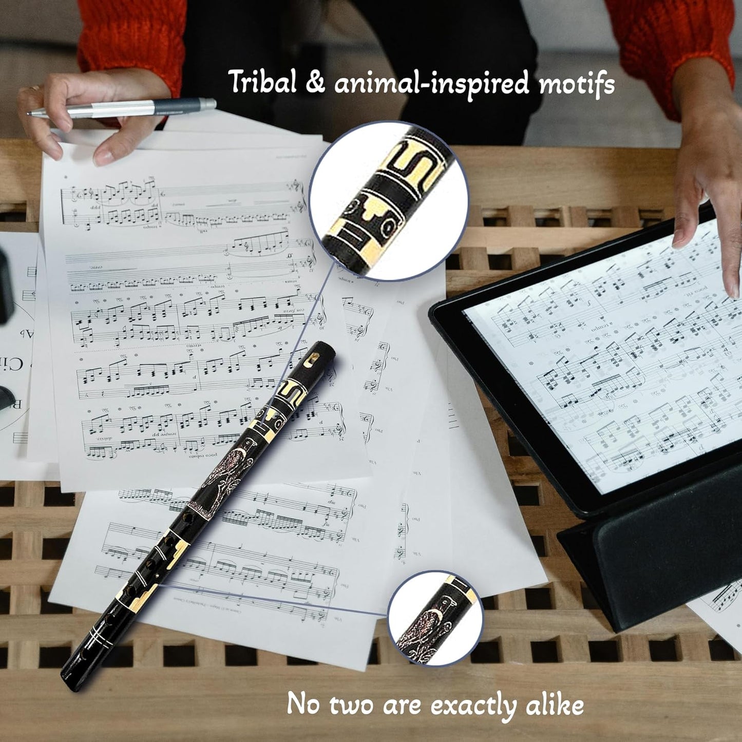 Mia Jewel Shop - Handmade Colored Bamboo Wooden Flute | Tribal Nature Pattern | Native Recorder for Beginners, Meditation & Music Lovers (Black)