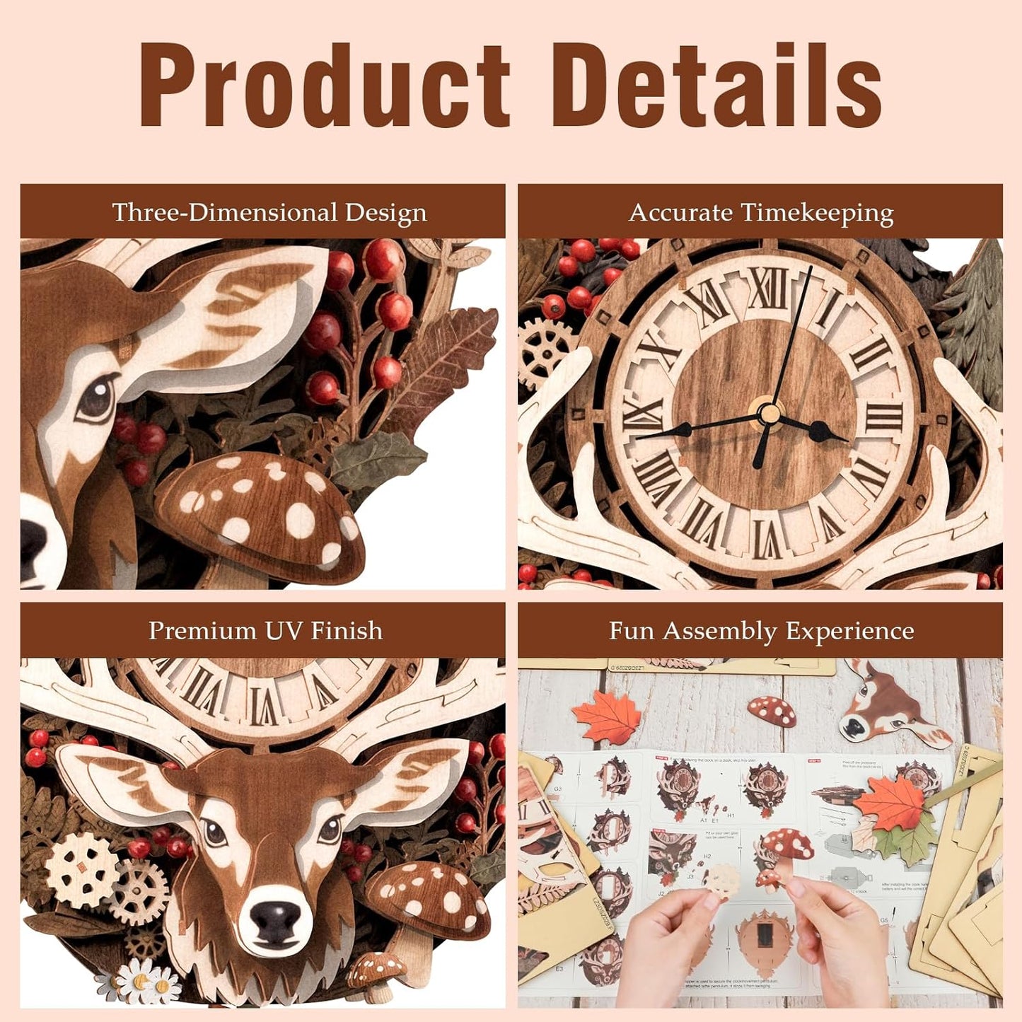 3D Puzzles for Adults Clock-Reindeer Design Model Kit-Mechanical DIY Pendulum Clock with Roman Numerals-Desk Home Office Decor Personalized Gift for DIY Lovers