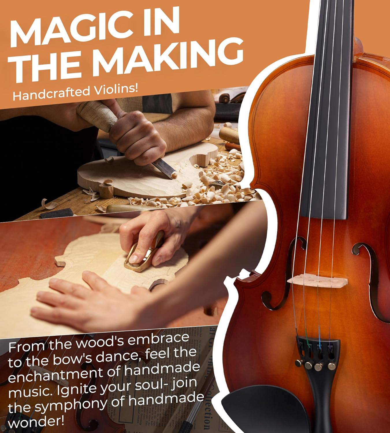 Vangoa Violin 4/4 Full Size Set Fiddle, Handcrafted Starter Acoustic Violins Kit with Solid Wood Side Board, Lightweight Hard Case for Beginners, Teens, Child, Kids Age 12+, Adults, Right Handed