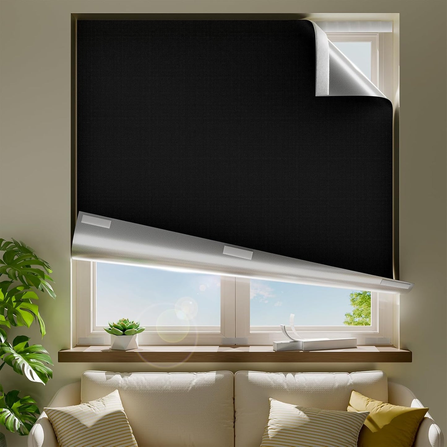 20" W x 60" L 100% Portable Blackout Curtains, Total Darkness No-Drill Black Out Window Cover,Temporary Blackout Shades with Hook & Loop Tape, for Bedroom, Nursery, Dorm, Travel (Black)