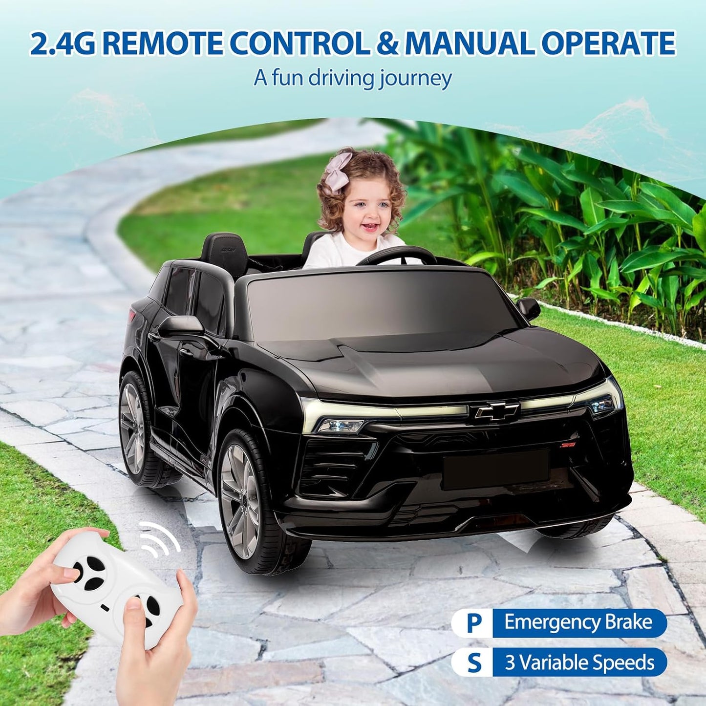 Hetoy 24V 2-Seater SUV Licensed Chevrolet Blazer Ride On Car Toy w/Parent Remote Control, 3 Speeds, Wireless Music, MP3 Player, Electric Car for Kids Ages 3-8, Black