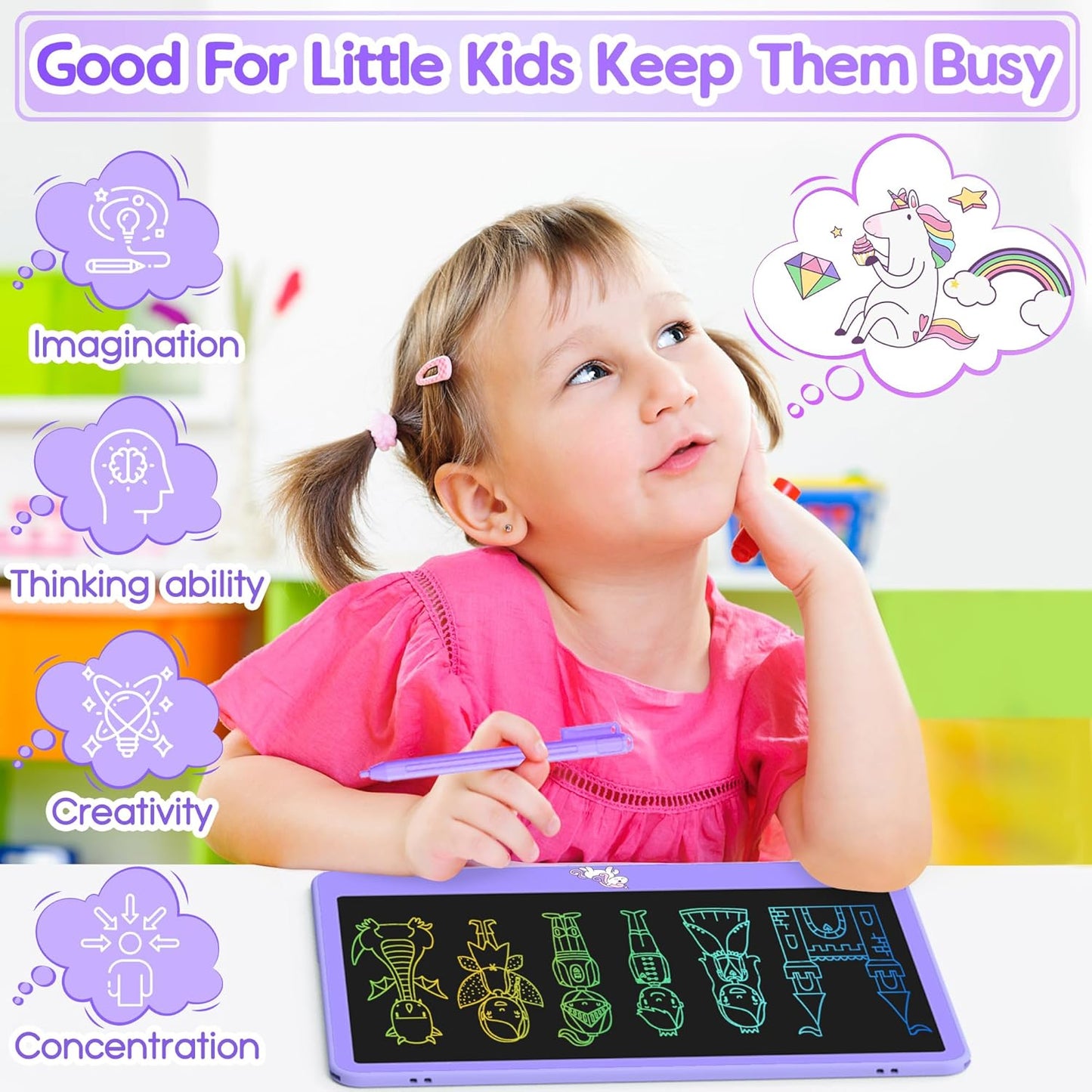 LCD Writing Tablet for Kids 12 Inch, Kids Learning Toys Drawing Pad for Boys Girls, Erasable Doodle Board for Toddlers 3 4 5 6 7 8 Year Old Travel Essentials, Christmas Birthday for Kids - Purple