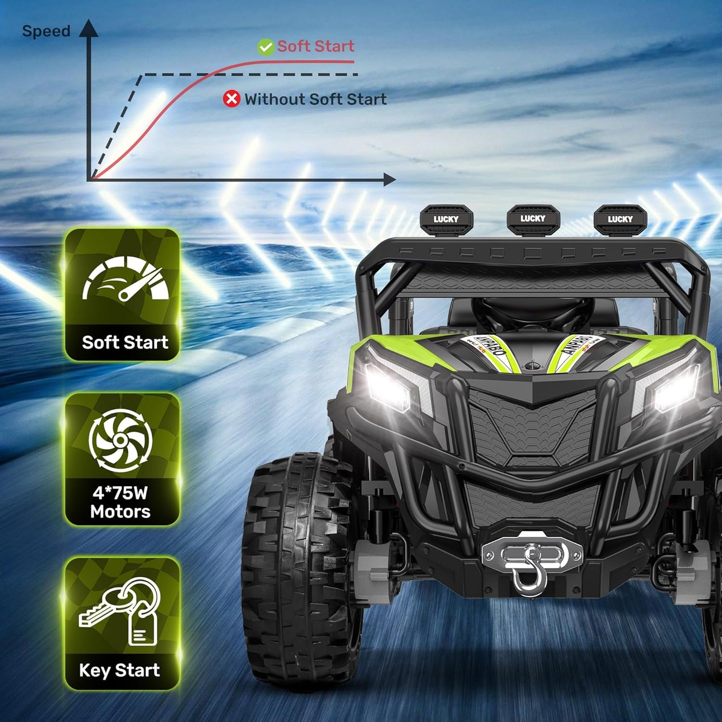 ANPABO 24V 4WD Ride on Car Truck w/Remote Control, 2WD/4WD Switchable Kids UTV, 4 Shock Absorbers, 19" Spacious Seat, Soft Start, Music Player, Electric Car for Kids