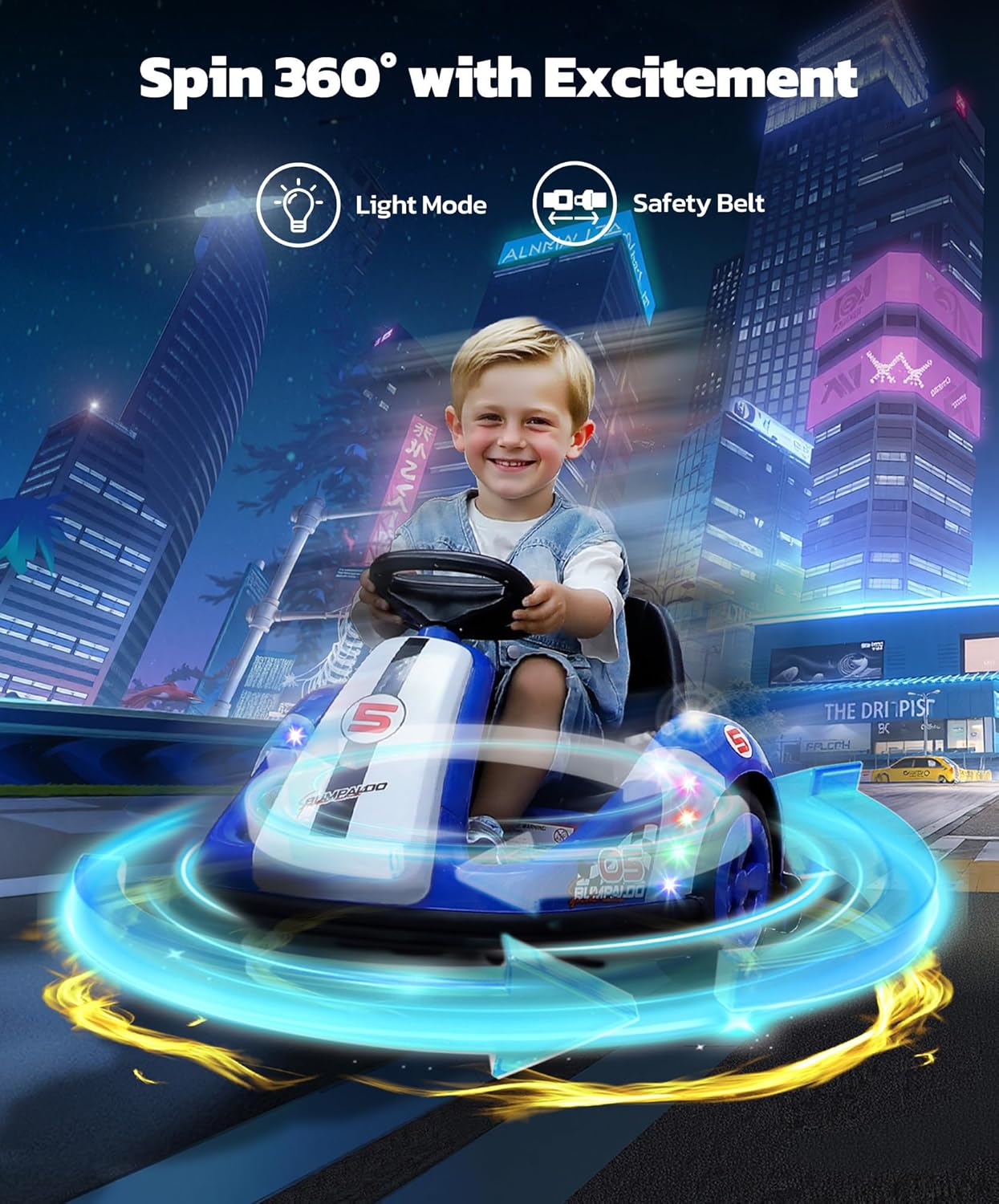 ELEMARA 12V Kids Bumper Car with Big Wheel, 2.2 Mph Max, Toddler Bumper Cars with Remote, Baby Bumping Toy Car with DIY Stickers,360 Degree-Spin, Music, Bluetooth,LED Lights, Blue