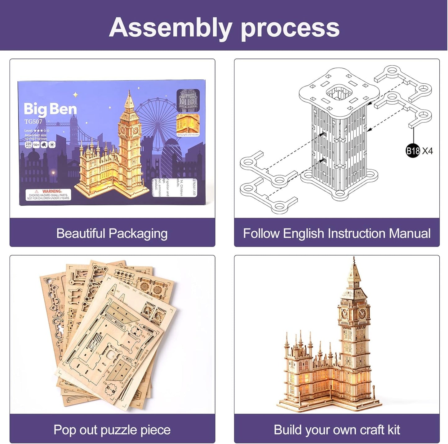 ROBOTIME 3D Puzzle for Adults Wooden Craft Kits for Teens DIY Construction Model Kit with LED Light to Build Educational Big Ben Set Toys Birthday Gifts