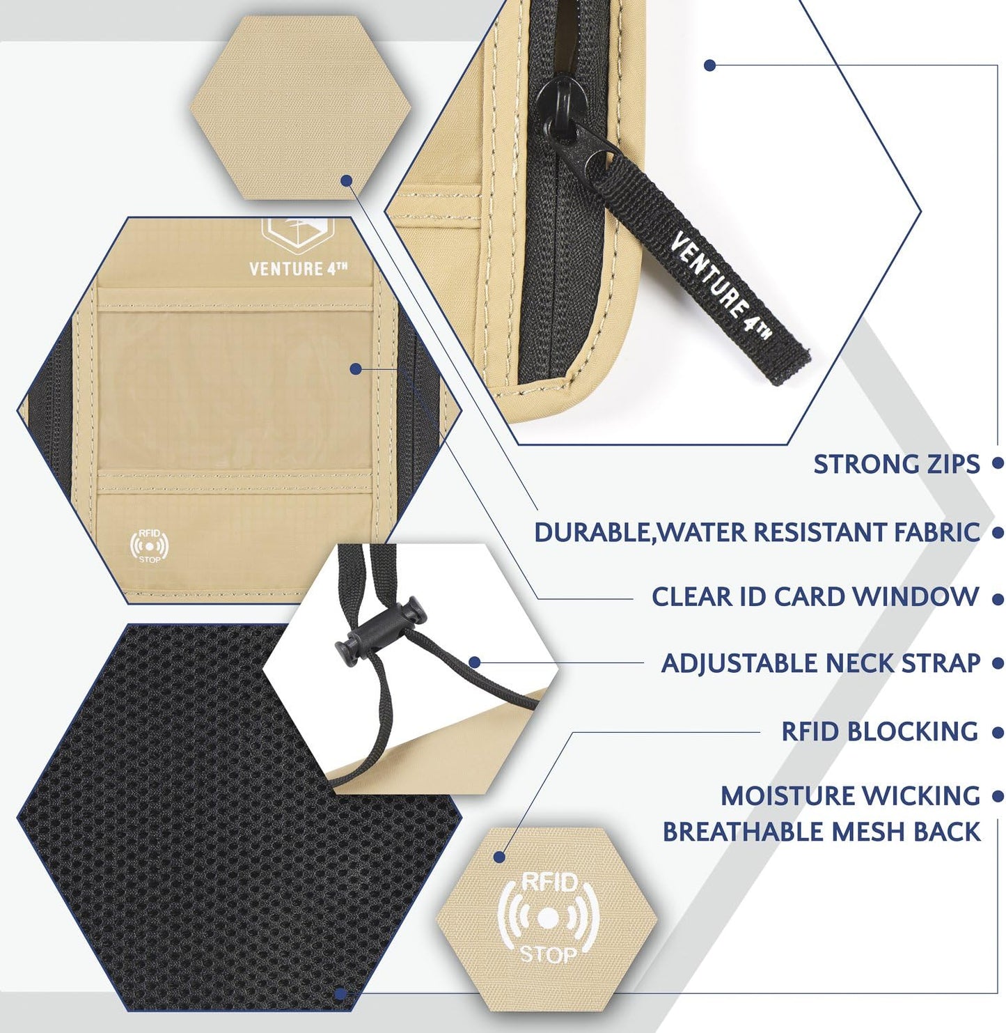 VENTURE 4TH Passport Holder Neck Wallet with RFID Blocking Nylon Lining - Hidden Neck Pouch for Travel (Beige)