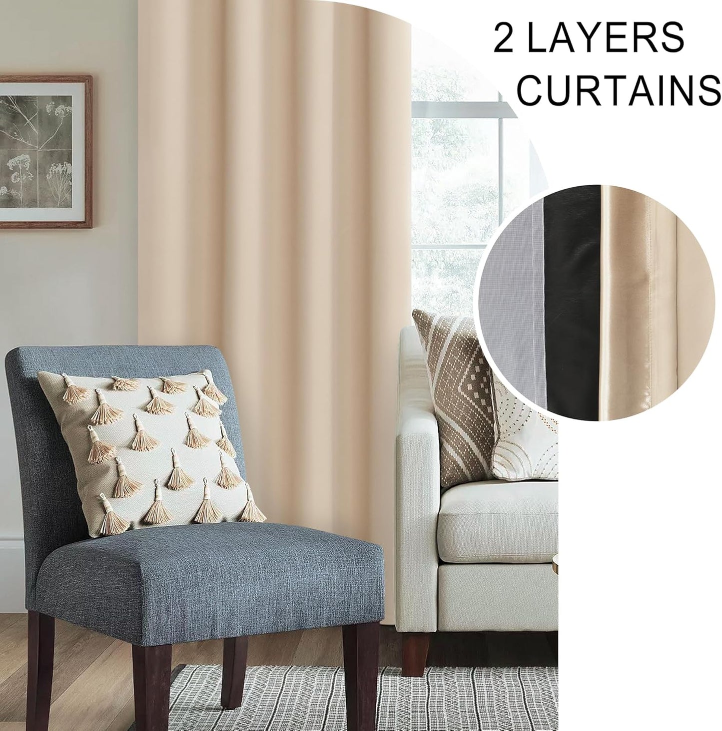 XWZO 100% Blackout Curtains 2 Panels Set, Rod Pocket Thermal Insulated Black Liner, Noise Reducing and Heat Blocking Drapes for Bedroom and Studio Windows with Tiebacks, Biscotti Beige, W70 x L63