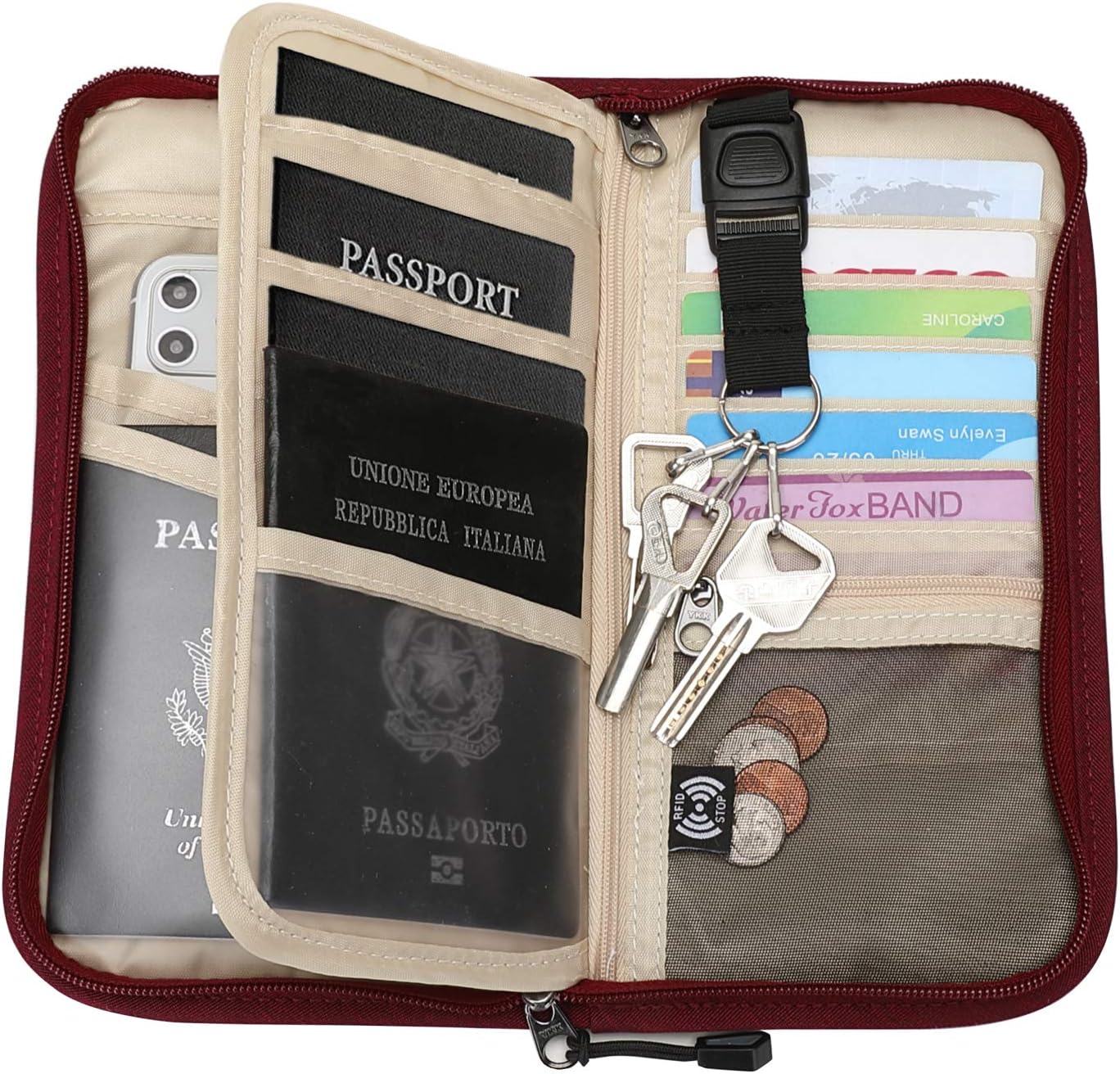 ZOPPEN Passport Holder Family RFID Passport Wallet, Passport Holder Women/Men, Travel Wallet Documents Organizer Zipper Case with Removable Wristlet Strap, Travel Essentials for Flying