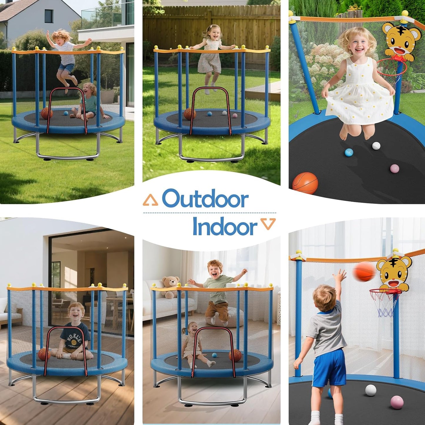Kids Trampoline with Safety Net – 440lbs Capacity, Upgraded Rust-Proof Ring Legs, Adjustable Gymnastics Bar & Toys – Indoor Outdoor Toddler Trampoline for Boys & Girls Ages 1-8
