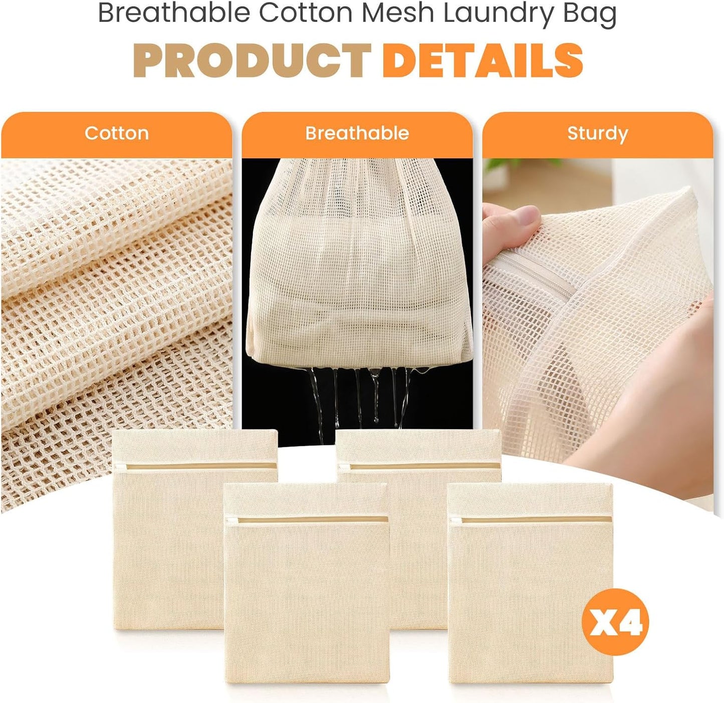 4Pcs Large Cotton Mesh Laundry Bags for Delicates,Breathable Mesh Garment Bag for Washing Machine,Travel Wash Bags with Zipper for Bras,Underwear,Socks,Clothes,Laundry Dorm Room Essentials(XL)