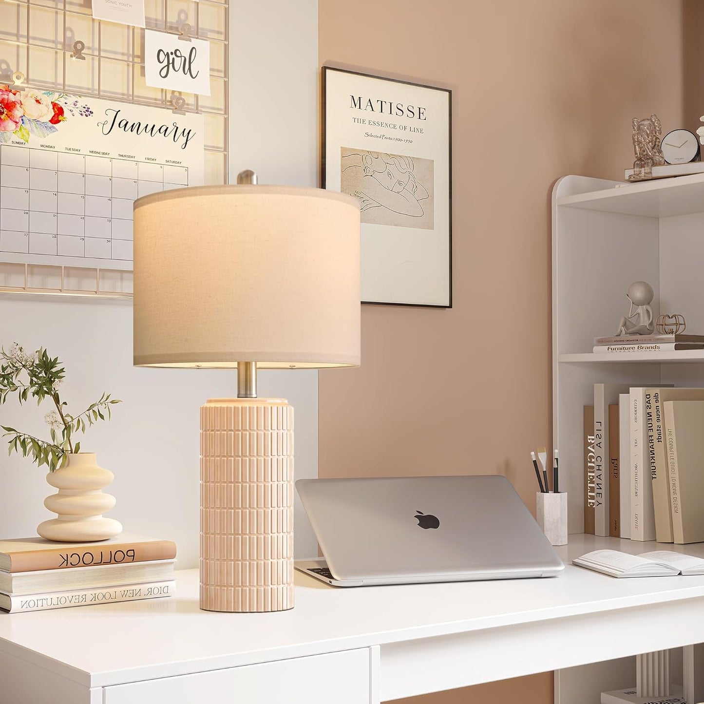 PoKat 23" Pink Ceramic Table Lamps Set of 2, Modern Bedroom Lamps for Girls Room, Bedside Lamps for Night Stands, Cute Lamps for Living Room Decor, Nightstands Desk Lamp, Pink