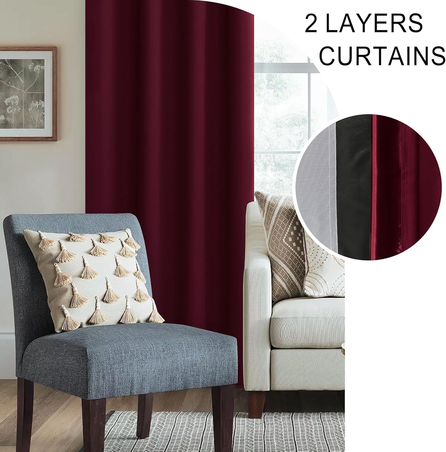 XWZO 100% Blackout Curtain Panels - Rod Pocket Thermal Insulated Black Liner Curtains, Noise Reducing and Heat Blocking Drapes for Hall and Studio Windows with Tiebacks, Burgundy, W42 x L72, Set of 2
