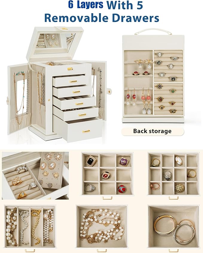 AKOZLIN Jewelry Box 6-Tier Organizer Functional 360° Rotating Jewelry Storage Case for Women Girls Ring Necklace Earring Bracelet Holder with Mirror