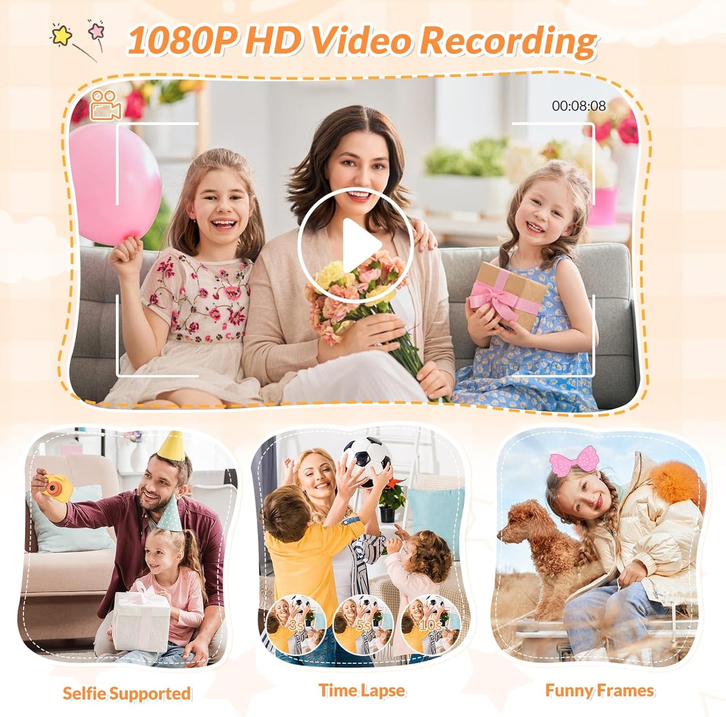 Mafiti Kids Camera,26MP HD Mini Selfie Digital Camera for Kids,Toddler Camera1080P Video,Outdoor Toy for Holiday,Birthday Xmas Gift for 3-8 Years Old Girl Boy (Orange)