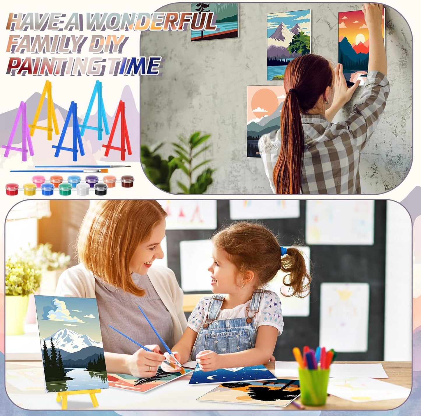 Blosssound 10 Set Pre Printed Canvas Pre Drawn Canvas Painting with Easel Kits 5" x 7" Outline Painting Panels for Beginners, DIY Craft Project, Party Favor, Home Decors(Sunset)