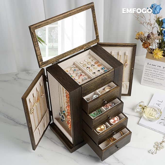 Jewelry Box for Women, 5 Layer Large Wood Jewelry Boxes & Organizers for Necklaces Earrings Rings Bracelets, Rustic Jewelry Organizer Box with Drawers and Mirror(Vintage)