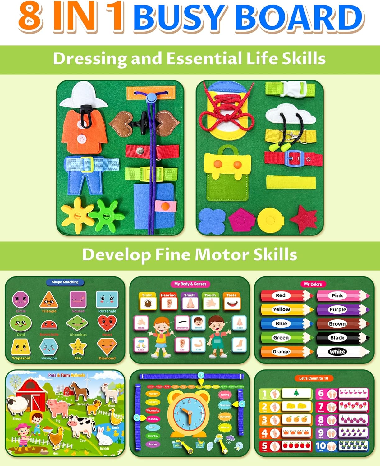 Exorany Busy Board Montessori Toys for Toddler Boy & Girl Birthday Gifts, Busy Book Learning Sensory Toys for Toddlers, Toddler Travel Toy Educational Activities Learn Fine Motor Skills