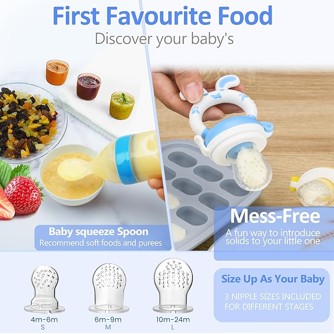 WAJIAYON Baby Fruit Feeder Pacifier- 3 Pack | Infant Food Feeder Pacifier & Baby Food Dispensing Spoon | Mesh Fresh Fruit Teethers for Babies | Shower Gifts for Boys and Girls (Sky Blue)