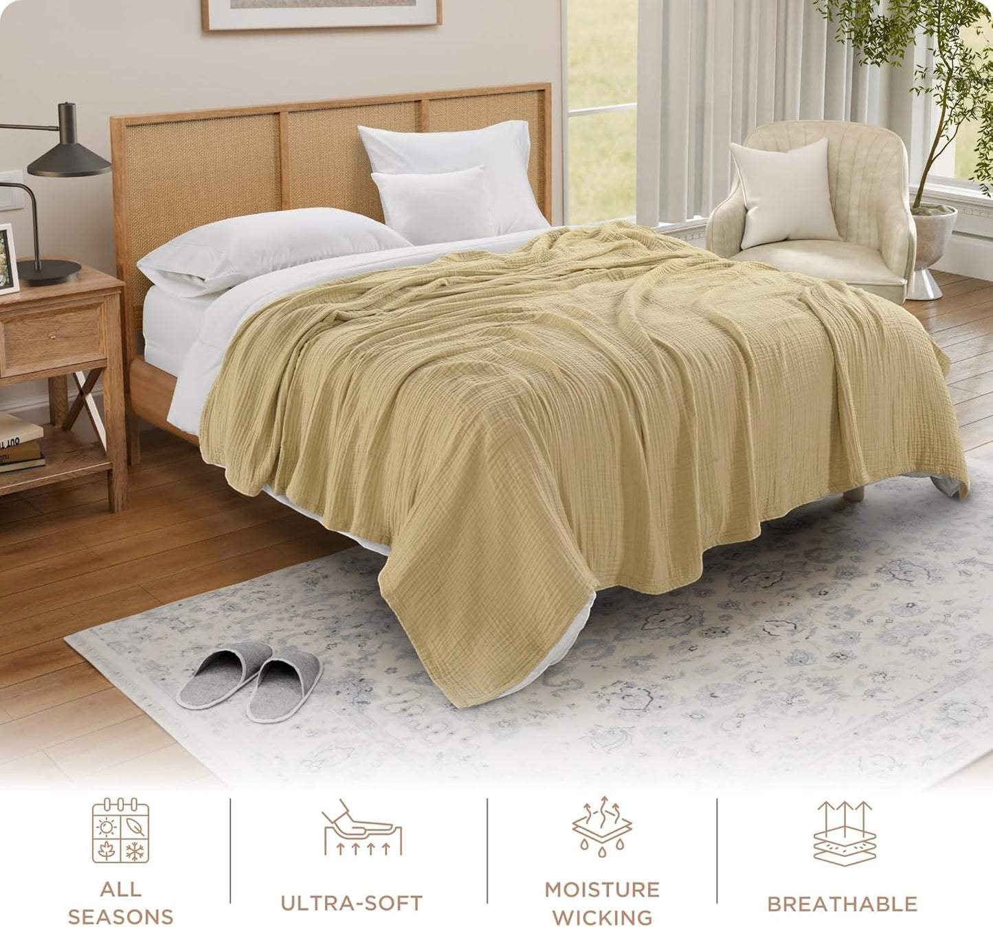Threadmill Summer Muslin Blankets Queen Size | 100% Cotton 4 Layer Gauze Blanket | Soft, Breathable and Cozy Blanket | Cozy, Lightweight Blankets for Bed Seasons | Beige