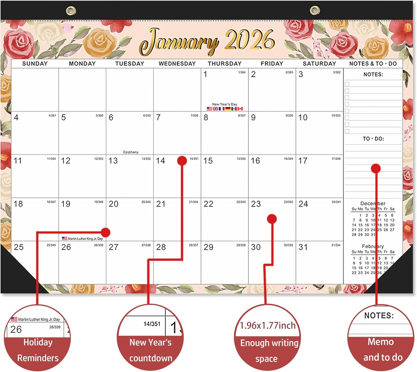 2026-2027 18-Month Desk Calendar with 2 Stickers - 17"x12" Desktop/Wall Monthly Calendar for Homeschool & Office,watercolor