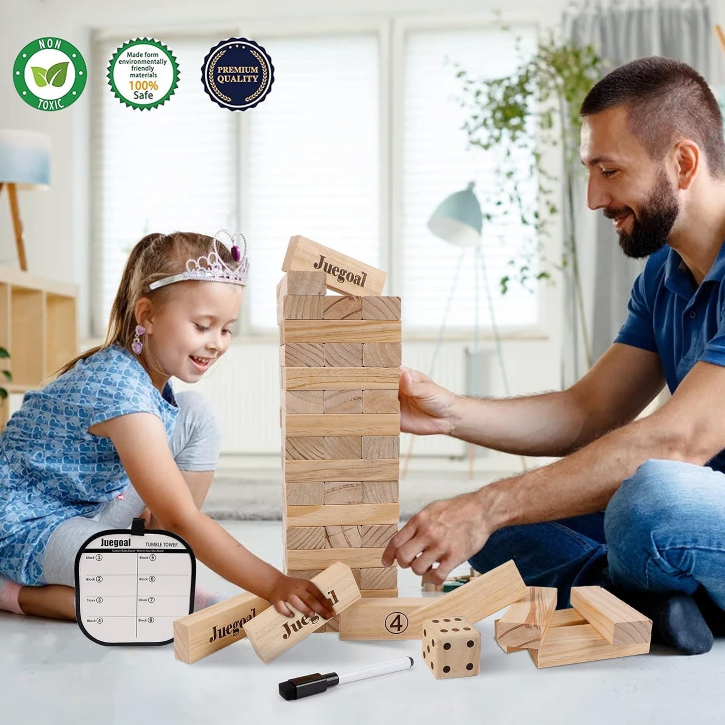 Juegoal 54 Pieces Giant Tumble Tower Blocks Game Giant Wood Stacking Game with 1 Dice Set Canvas Bag for Adult, Kids, Family