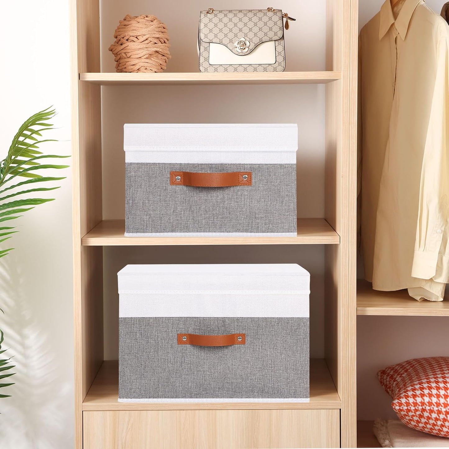 Fabric Storage Boxes with Lids, Linen Foldable Cloth Baskets, Closet Organizer Containers with Double Handles, Sweater Bins for Bedroom, White and Grey, 1 Pack, 13 x 9.1 x 7.9 Inch