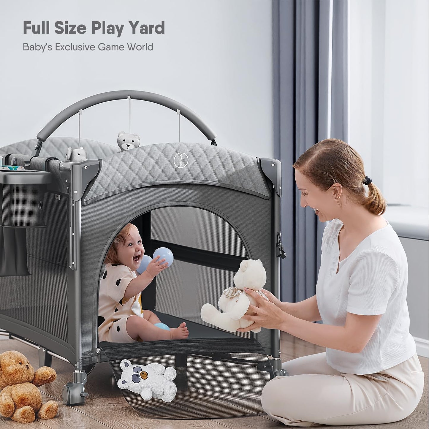 4 in 1 Baby Bassinet, Pack and Play, Bedside Crib Sleeper, Diaper Changer - Comes with Mattress, Mosquito Net，Bottom Storage and Toy Bar for Newborn to Toddles
