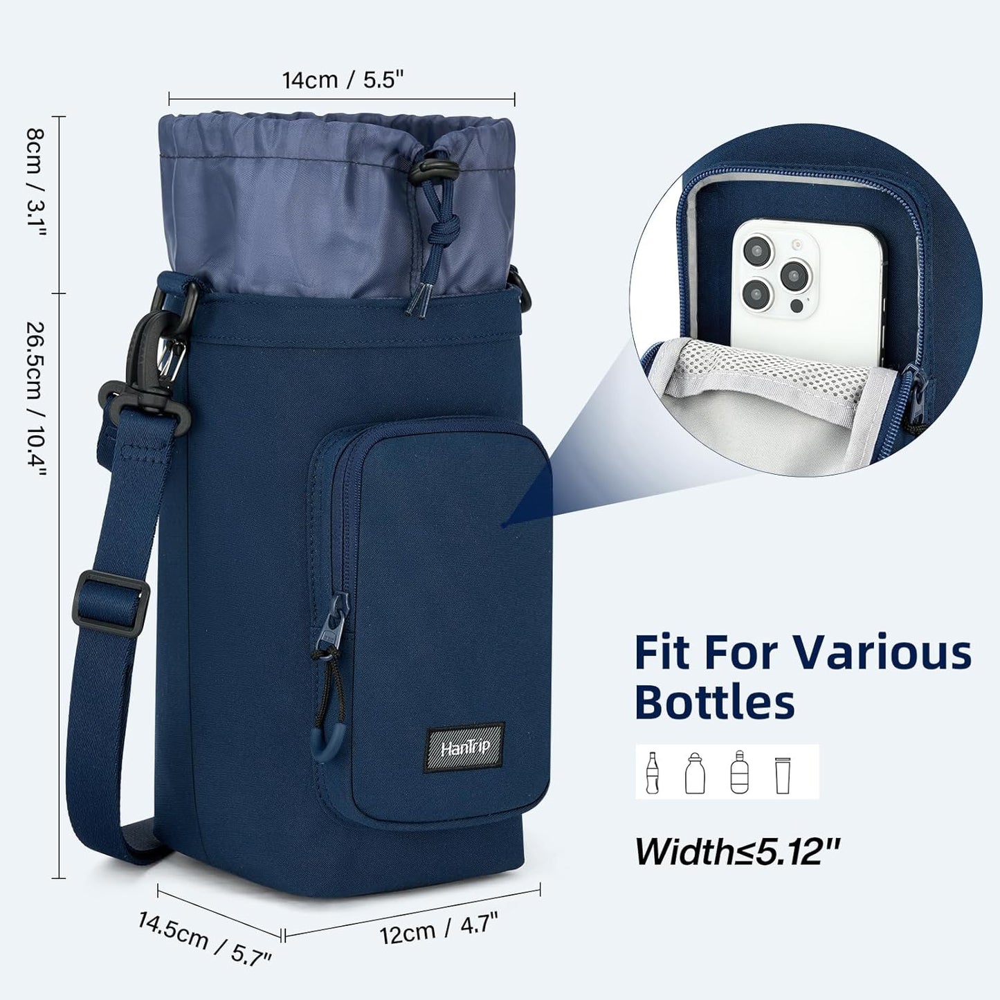 Insulated Water Bottle Carrier Bag with Strap Phone Pocket for 25/32/40/64 oz Tumbler Cup, Water Bottle Holder