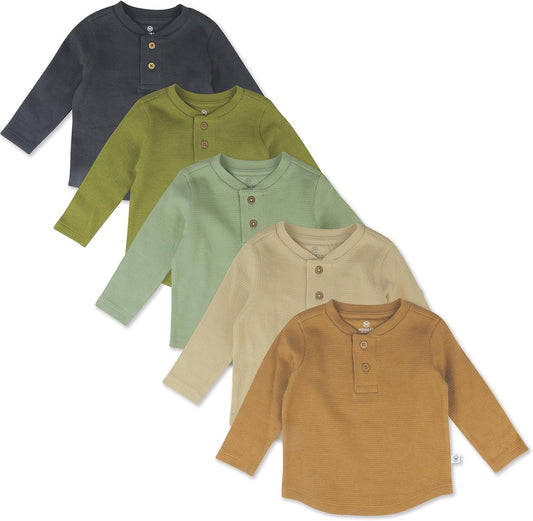 HonestBaby 5-pack Waffle Henley Long Sleeve Shirts 100% Organic Cotton for Infant Baby and Toddler Boys, Unisex