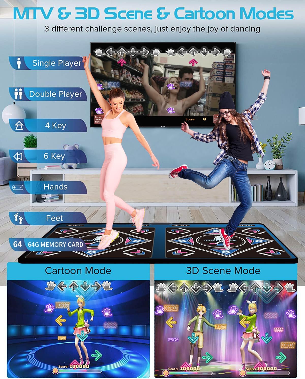 Music Dance Mat for Kids & Adults,Ideal for Fitness Dance Games,899 Games,64GB Memory Card,75 Music Videos,650 Songs.Made of Premium Flannel,for TV use,a Luxurious Gift for Children