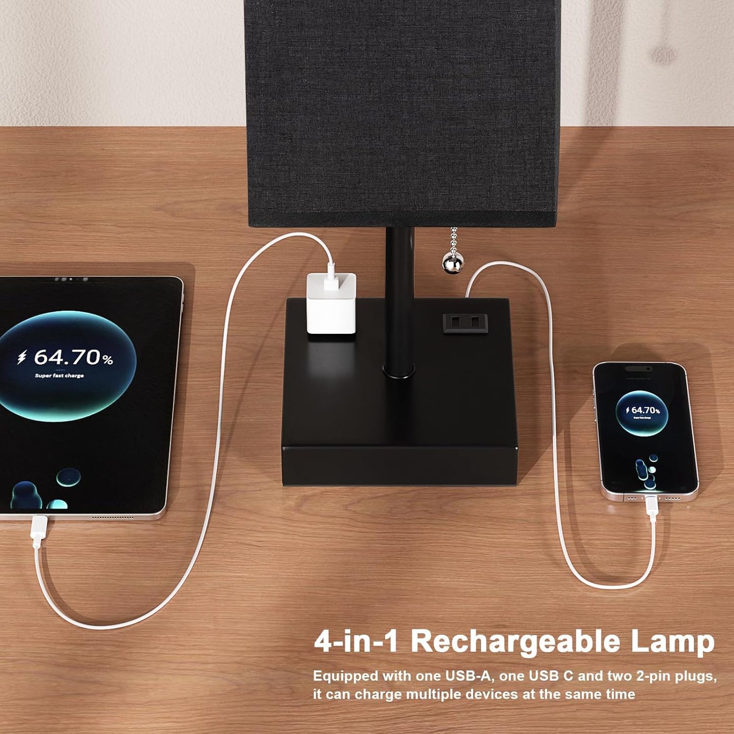 Plus Black Bedside Table Lamps Set of 2 - Bedroom Lamps with 3 Colors (3000K/5000K/4000K), Square Nightstand Lamp with USB C + A Charging Ports and 2 AC Outlets, Pull Chain Night Light for End Table