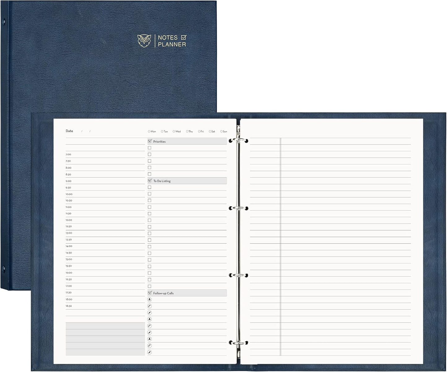 EMSHOI Undated Daily Planner 8.5" X 11", A4 to Do List Notepad, 240 Pages Ring Binder Planner Hardcover Leather Notebook for Work Business Meeting, with Yearly Schedule, Habit Tracker, Blue