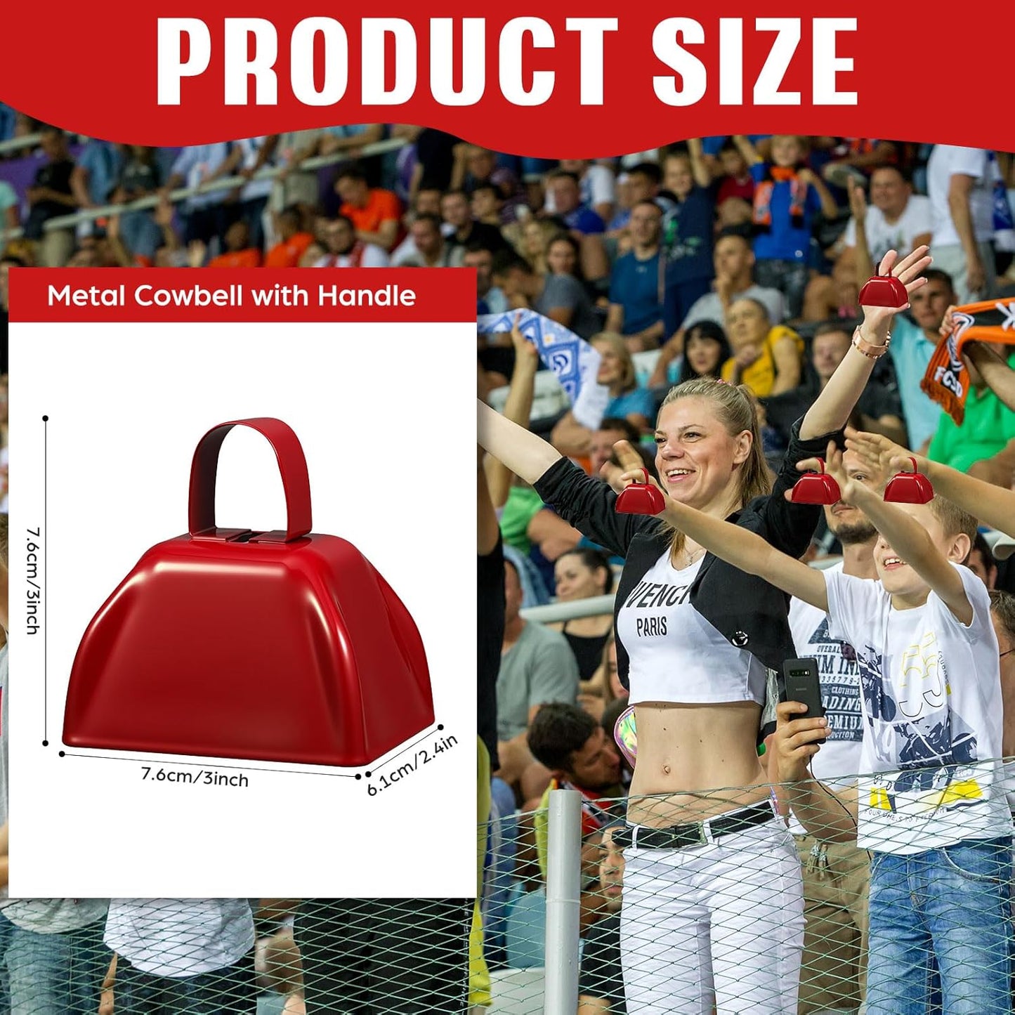 6 Pcs 3 Inch Metal Cowbells Noise Maker Hand Percussion Cow Bells with Handles for Sporting Events Cheering Noisemakers Weddings Team Spirit Sports Party Favors (Red)