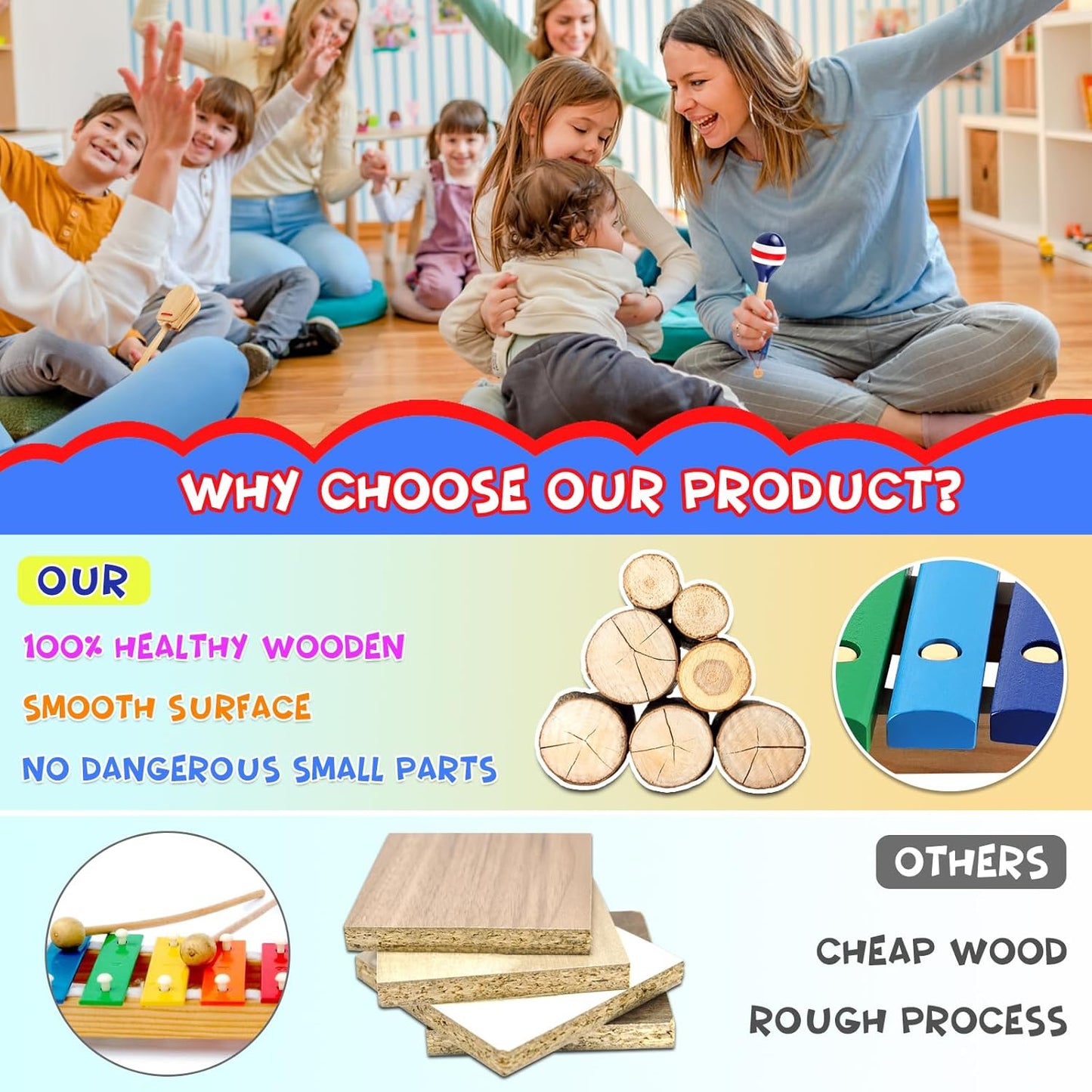 LOOIKOOS Baby Musical Instruments Montessori Wooden Toys for Toddlers 1-3,Percussion Instruments Set for Kids Preschool Educational Musical Toys for Boys and Girls Gifts