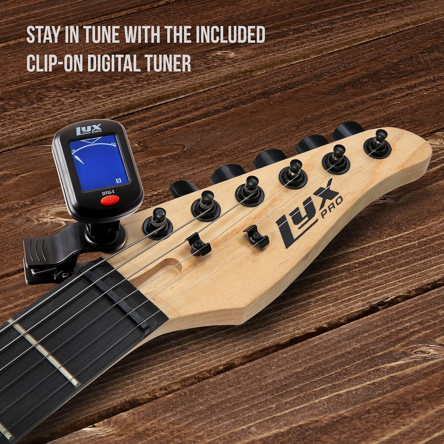 LyxPro 30 Inch Electric Guitar and Starter Kit for Kids with 3/4 Size Beginner’s Guitar, Amp, Six Strings, Picks, Shoulder Strap, Digital Clip On Tuner, Guitar Cable and Soft Case Gig Bag - Natural