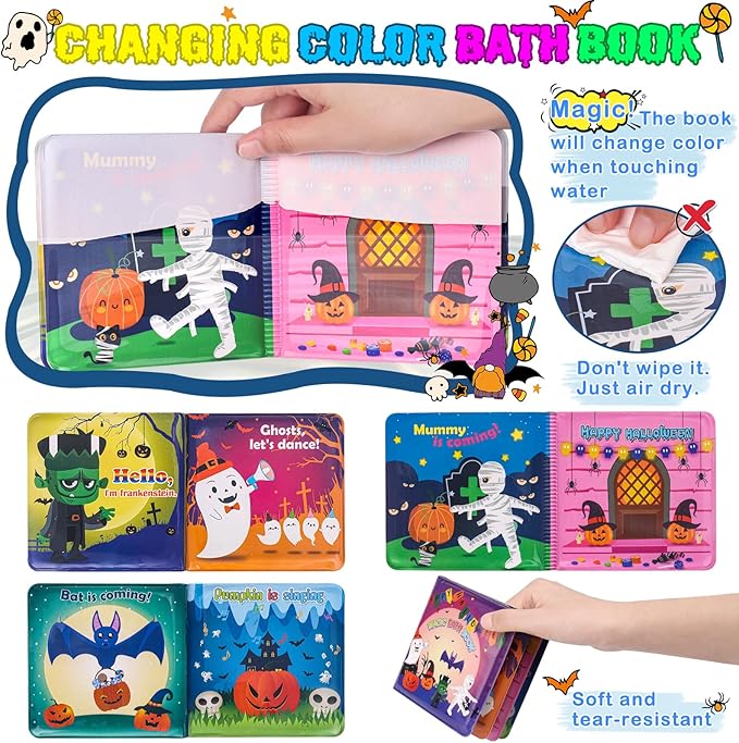 Halloween Light Up Bath Toys for Toddlers Kids, No Hole Bath Toys with Halloween Bath Book, LED Light Bath Time Water Toys for Bath Tubs Bathroom, Halloween Toys & Gift for Toddlers Kids Baby Shower