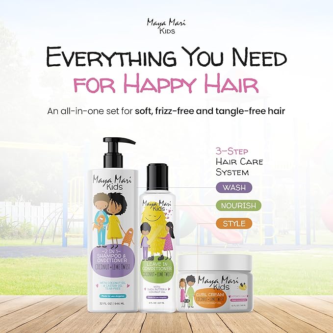 Kids Curly Hair Gift Set | 2-in-1 Kids Shampoo & Conditioner, Curl Cream, & Leave-In Conditioner | Shea Butter, Tear-Free, Frizz Control, & Sulfate-Free, 32 Fl Oz
