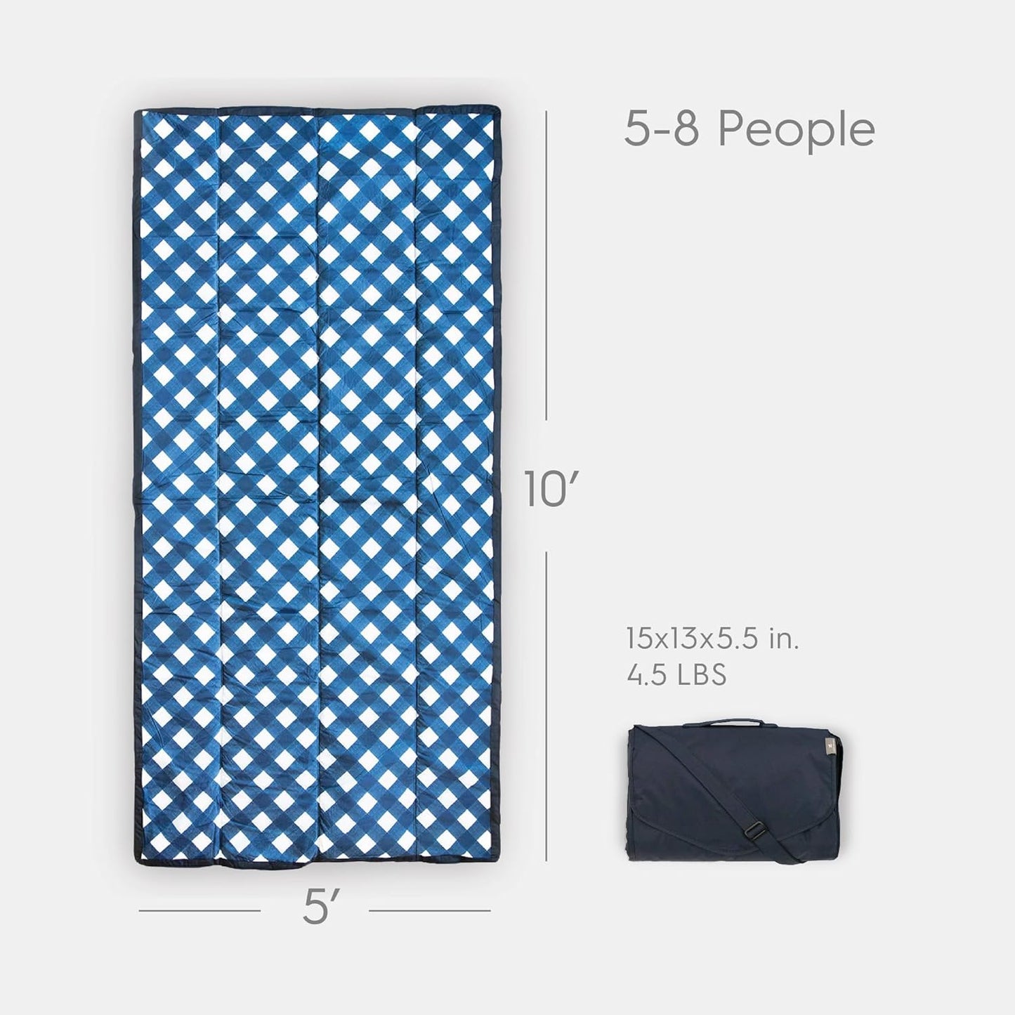 Little Unicorn 5'x10' XL Outdoor Family Picnic & Beach Blanket | Durable & Water-Resistant Fabric | Compact Fold & Easily Wipes Clean | Zipper Pocket (Navy Plaid)