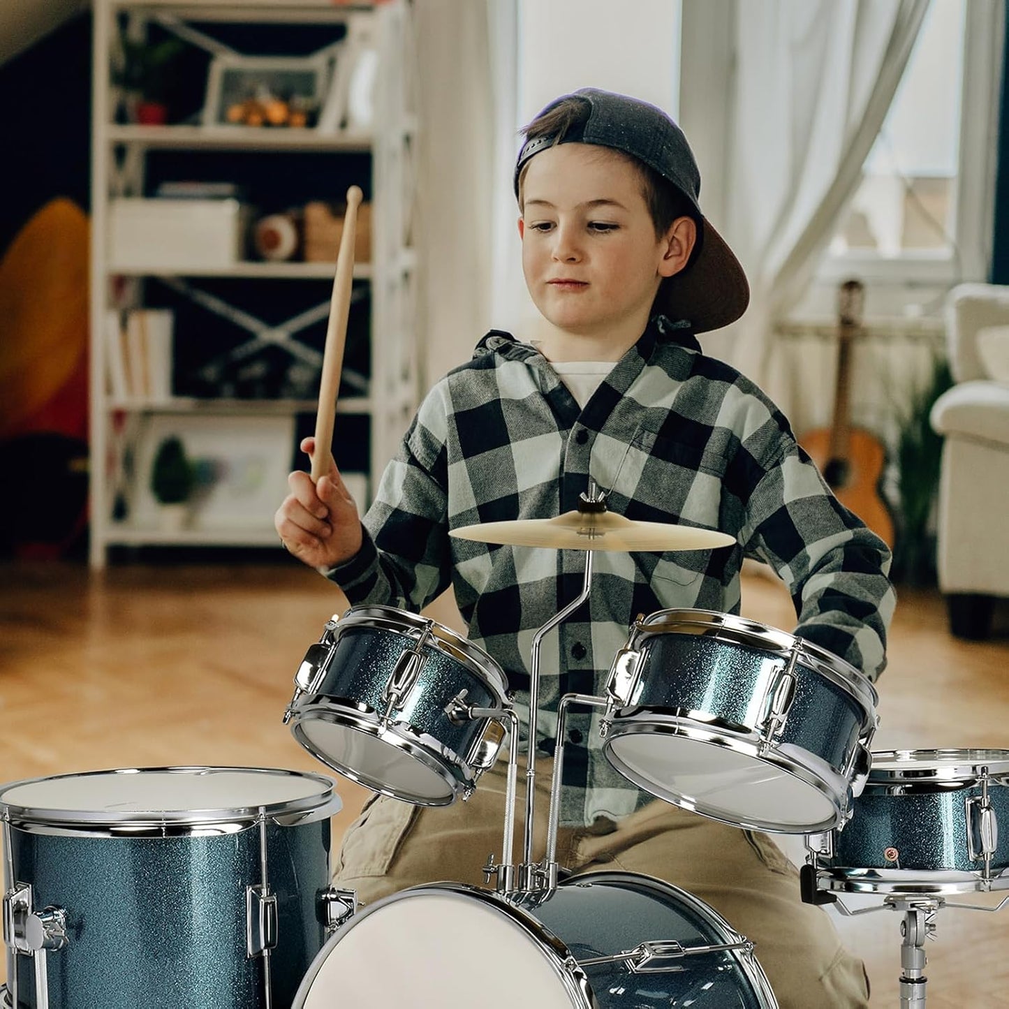 Ktaxon 5-Piece Complete Junior Drums Set, 14 Inch Beginners Drum Kit with Throne Stool, Pedal & Drumsticks, Kids Drums Musical Instruments W/Cymbal, Hi-Hat, Floor, Tom and Snare Drum (Blue)