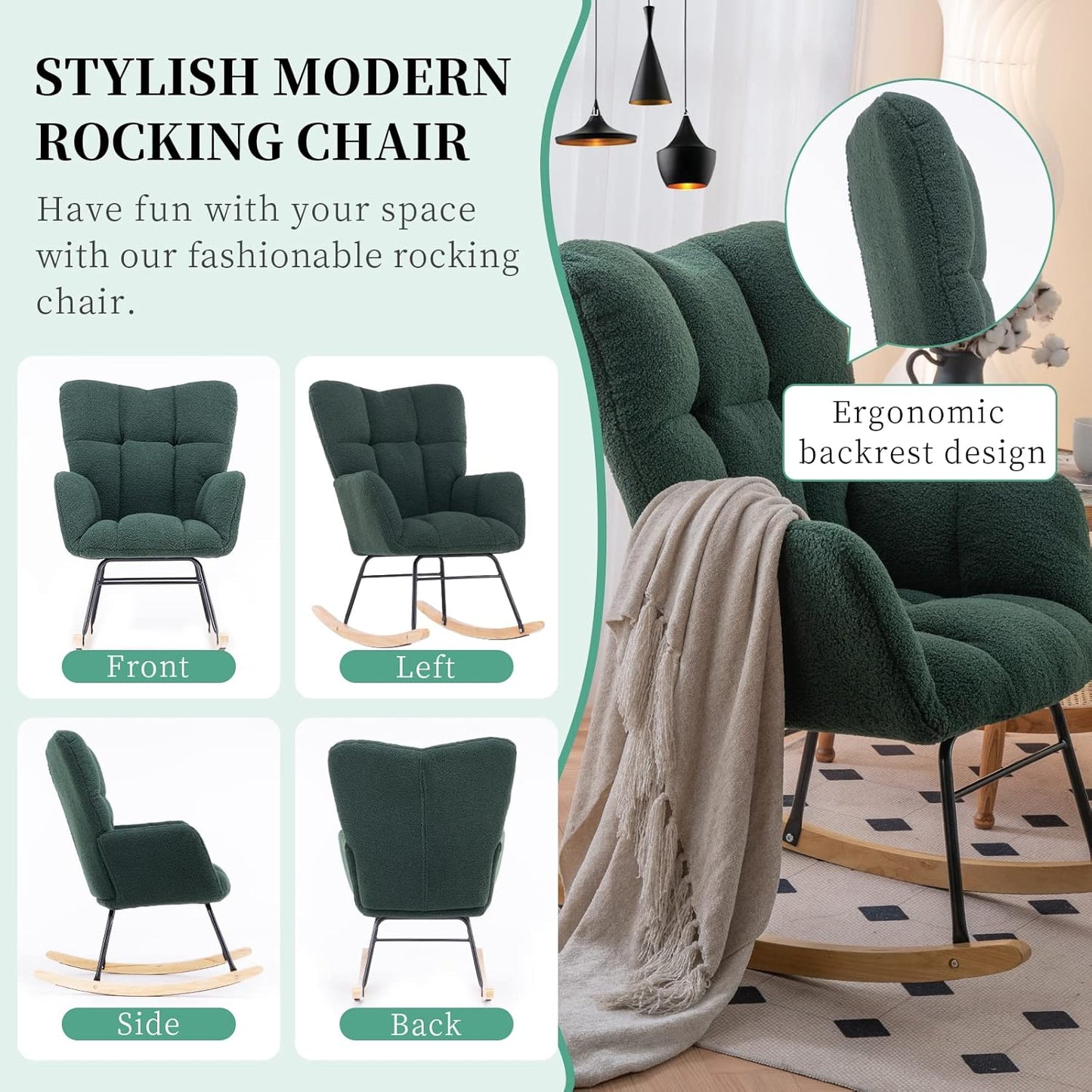 NIOIIKIT Nursery Rocking Chair Teddy Fabric Upholstered Glider Rocker Rocking Accent Chair Padded Seat with High Backrest Armchair Comfy Side Chair for Living Room Bedroom(Green Teddy)